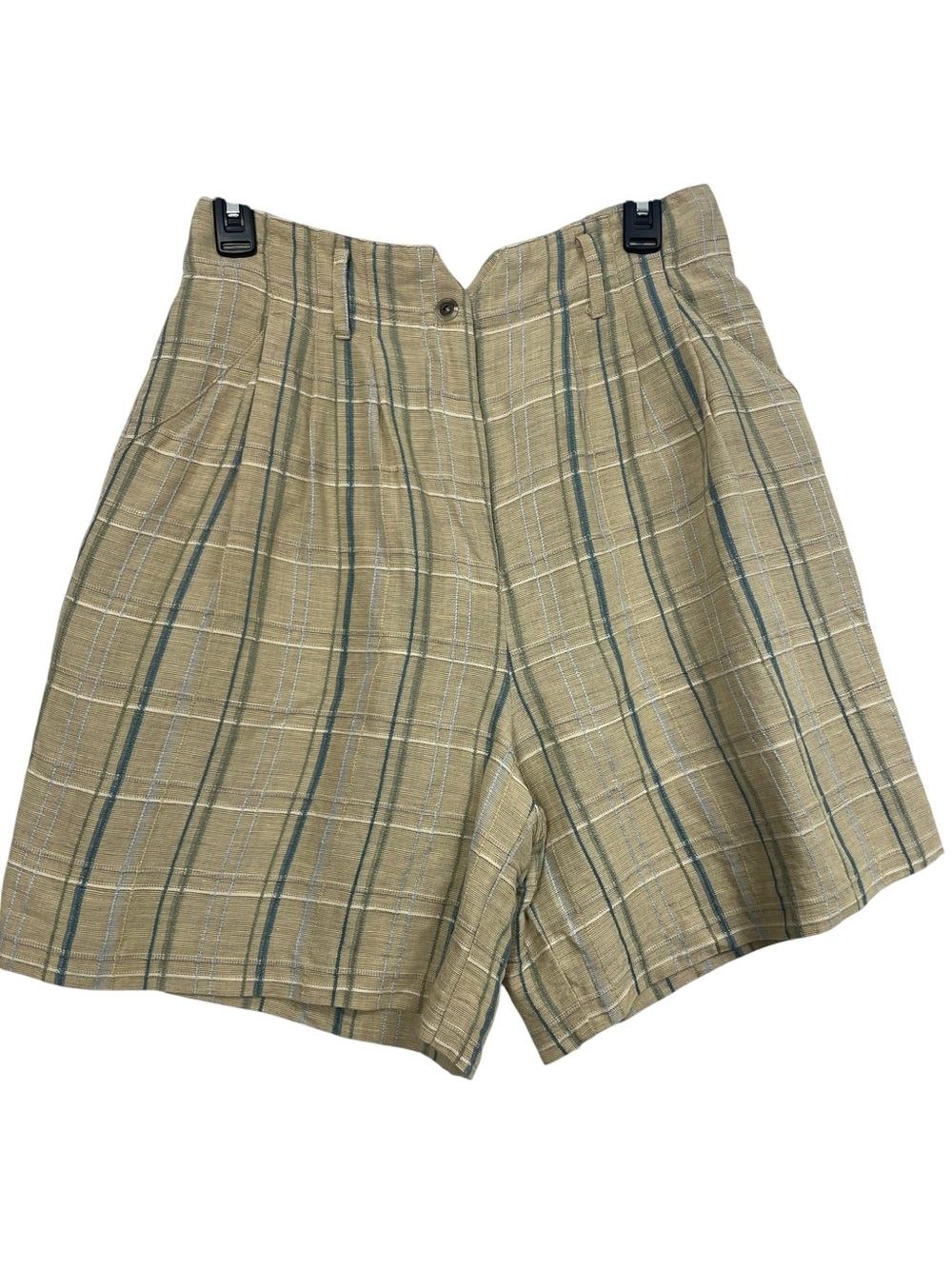 The Limited Vintage Linen Blend Plaid Pleated High Rise Shorts Size 12 Tan Blue⁠